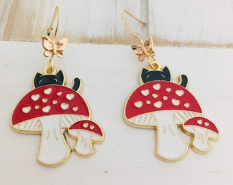Red Mushroom Earrings, Mushroom Cat Earrings, Mushroom Jewelry, Cute Boho Mushroom Gift, E104