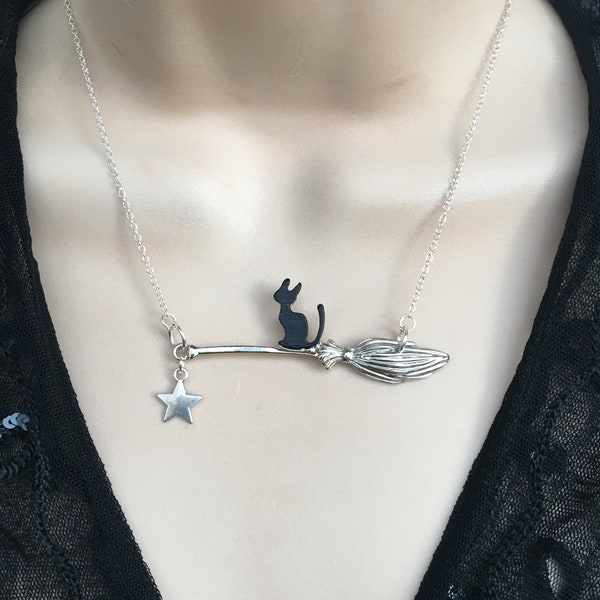 Cat On A Broom Necklace - Cat Pendant- Cat Lovers Necklace -Cat Necklace - Cat Jewelry