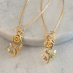 Tiny Gold Rose Flower Earrings, Long gold earrings, tiny gold Flower, dainty earrings, everyday earrings, simple small dangle earrings