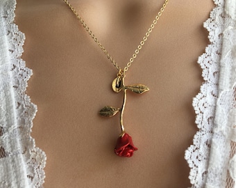 Original Beauty and the Beast Rose Necklace, Silver Rose Necklace, Anniversary Gift, Personalized Bridesmaid gift, Initial Necklace