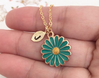 Daisy Flower Necklace, Teal Daisy Necklace, Daisy with Initial Necklace, Teal Flower Necklace, Daisy Pendant