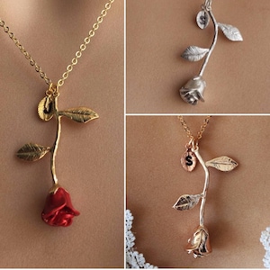 Original Red Rose Necklace, Gold Rose, Beauty and the Beast Necklace, Anniversary Gift, Personalized Bridesmaid gift, Initial Necklace