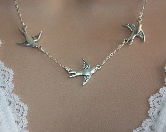 Silver Birds Necklace Three Bird Necklace - sterling silver filled chain Wedding jewelry