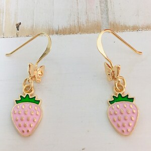 Tiny Pink Strawberry Earrings, Strawberry Dangle Earrings, Pink Fruit Earrings, Strawberry Jewelry, Cute Gift for her, E103