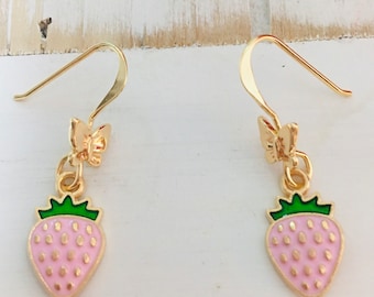 Tiny Pink Strawberry Earrings, Strawberry Dangle Earrings, Pink Fruit Earrings, Strawberry Jewelry, Cute Gift for her, E103