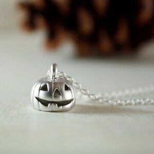May include: A silver necklace with a small, detailed pumpkin charm. The pumpkin has a carved jack-o'-lantern face.