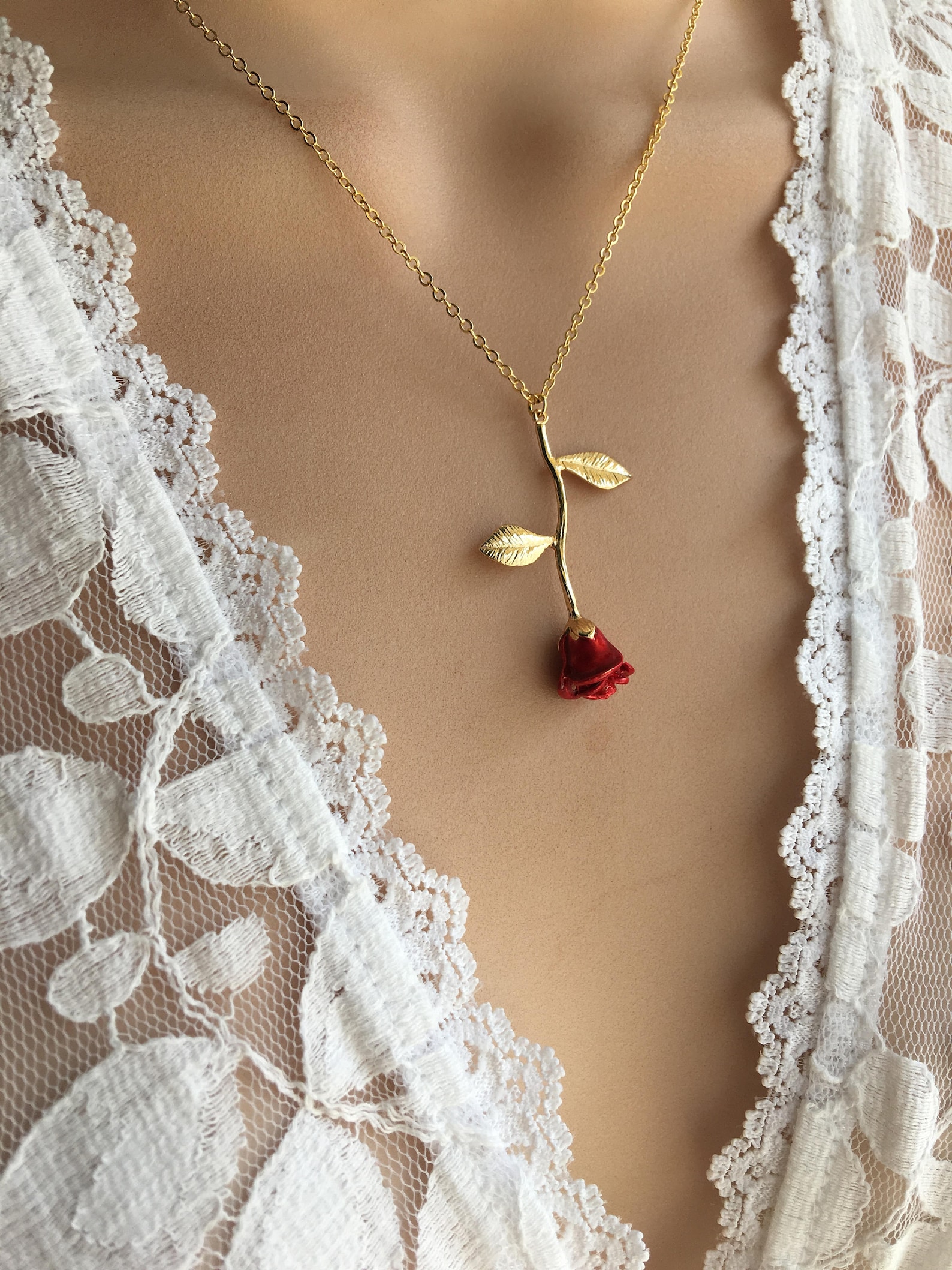 Original Red Rose Necklace, Gold Rose, Beauty and the Beast Necklace, Anniversary Gift, Personalized Bridesmaid gift, Initial Necklace