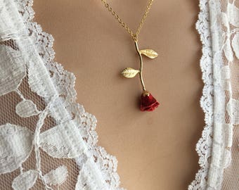 Original Red Rose Necklace, Gold Rose, Beauty and the Beast Necklace, Anniversary Gift, Personalized Bridesmaid gift, Initial Necklace