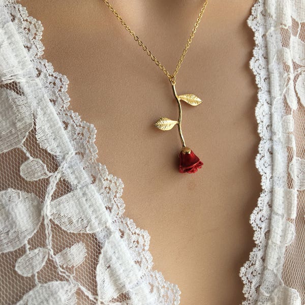 Original Red Rose Necklace, Gold Rose, Beauty and the Beast Necklace, Anniversary Gift, Personalized Bridesmaid gift, Initial Necklace