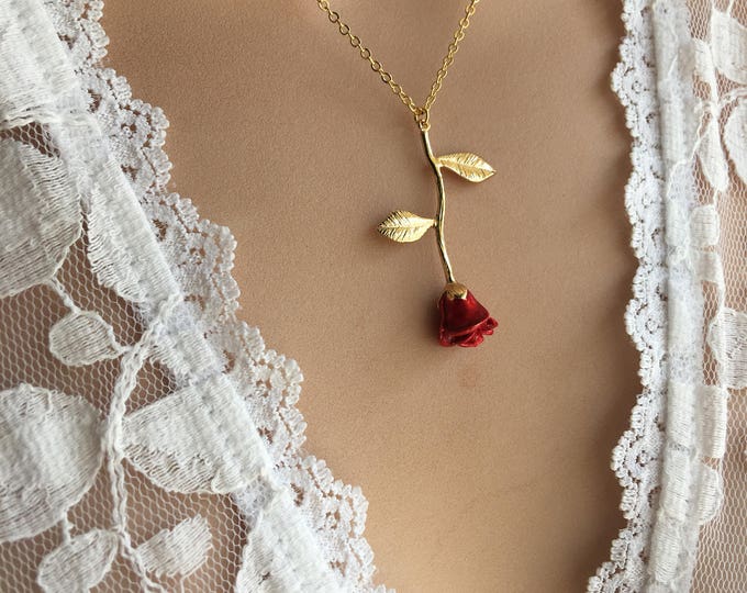 Original Red Rose Necklace, Gold Rose, Beauty and the Beast Necklace, Anniversary Gift, Personalized Bridesmaid gift, Initial Necklace