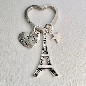 Silver Eiffel Tower Keychain, Eiffel Tower Stars Keychain, Etoile Stars Keychain