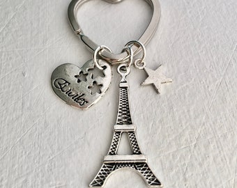 Silver Eiffel Tower Keychain, Eiffel Tower Stars Keychain, Etoile Stars Keychain