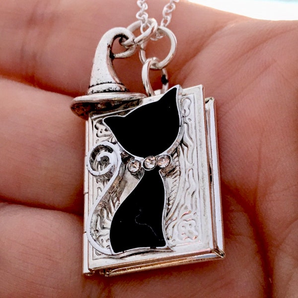 Cat And Witch Hat Necklace - Cat Locket Pendant- Cat Lovers Necklace -Cat Locket- Cat Jewelry