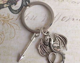 Antiqued Silver Dragon Keychain, Flying Dragon Key Chain, Silver Dragon Key Ring, Medieval Keychain, Dragon Gift