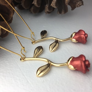 Burnt Orange Rose Flower Earrings, Long gold earrings, Fall Flower Earrings dainty earrings, Burnt Orange dangle earrings Fall jewelry
