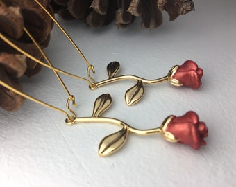 Burnt Orange Rose Flower Earrings, Long gold earrings, Fall Flower Earrings dainty earrings, Burnt Orange dangle earrings Fall jewelry