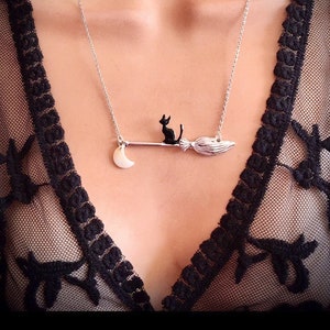 Black Cat Crescent Moon Necklace - Black Cat Crescent Moon Pendant- Cat Lovers Necklace -Halloween jewelry- Cat Necklace