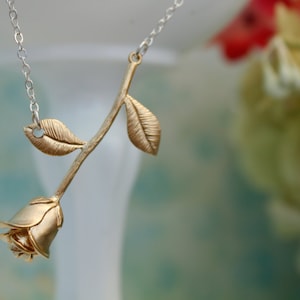 Asymmetrical Gold Rose Necklace - Sideways Gold Rose Pendant, Gold Rose Jewelry Long Stem Rose Necklace, Jewelry Gift for Her