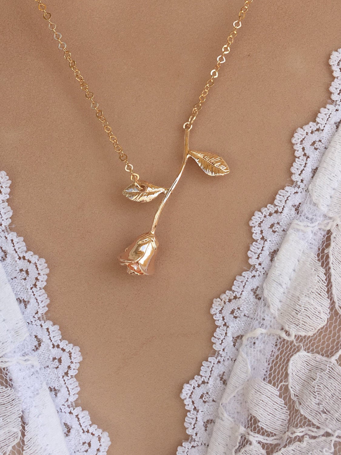 Rose Gold Rose Necklace Flower Necklace Lovers Etsy