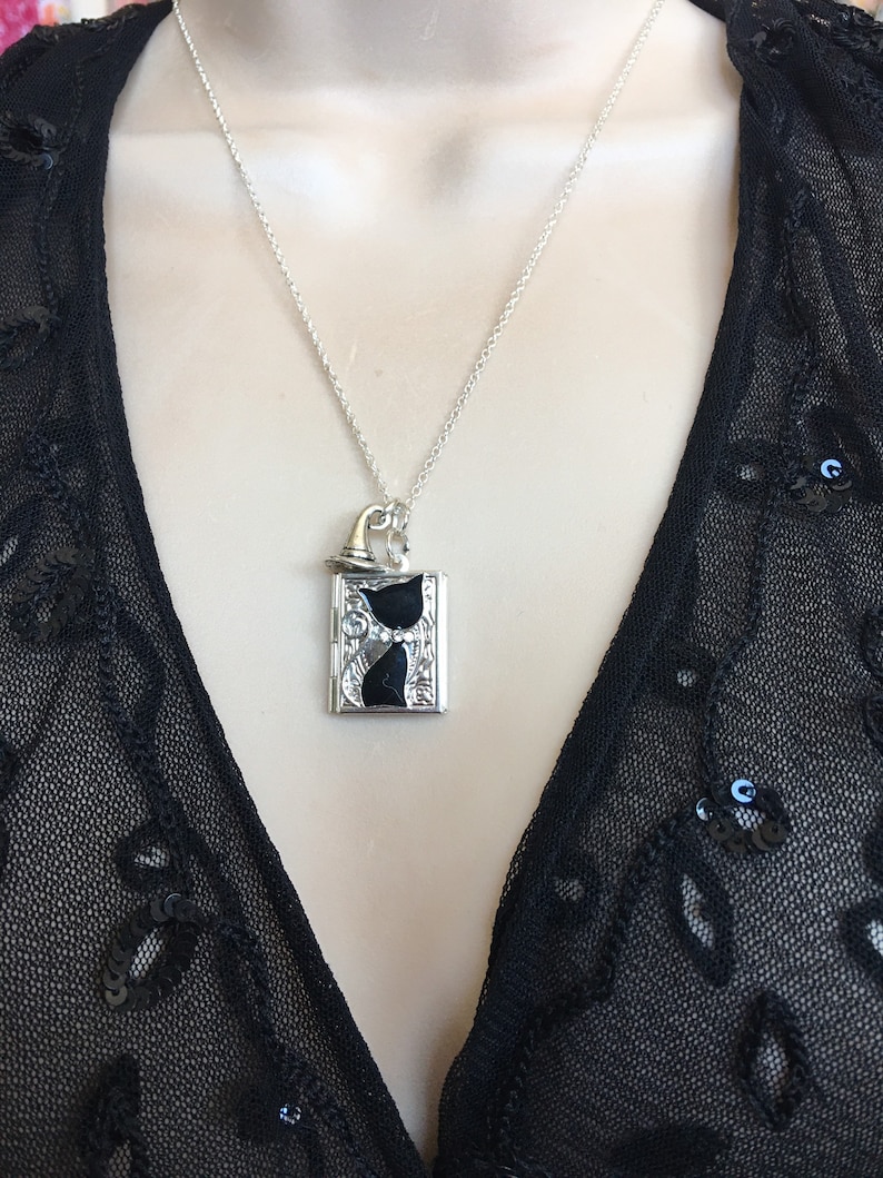 Cat and Witch Hat Necklace - Cat Locket Pendant- Cat Lovers Necklace ...