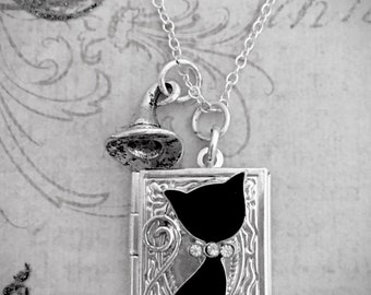 Black Cat Witch Hat Necklace - Black Cat Locket Black Cat Pendant- Cat Lovers Necklace -Cat Locket- Cat Jewelry