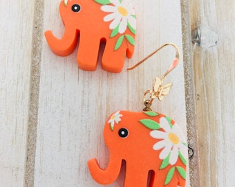 Boho Elephant Earrings, Elephant Dangle Earrings, Orange Elephant Earrings, Elephant Jewelry, Boho Gift for her