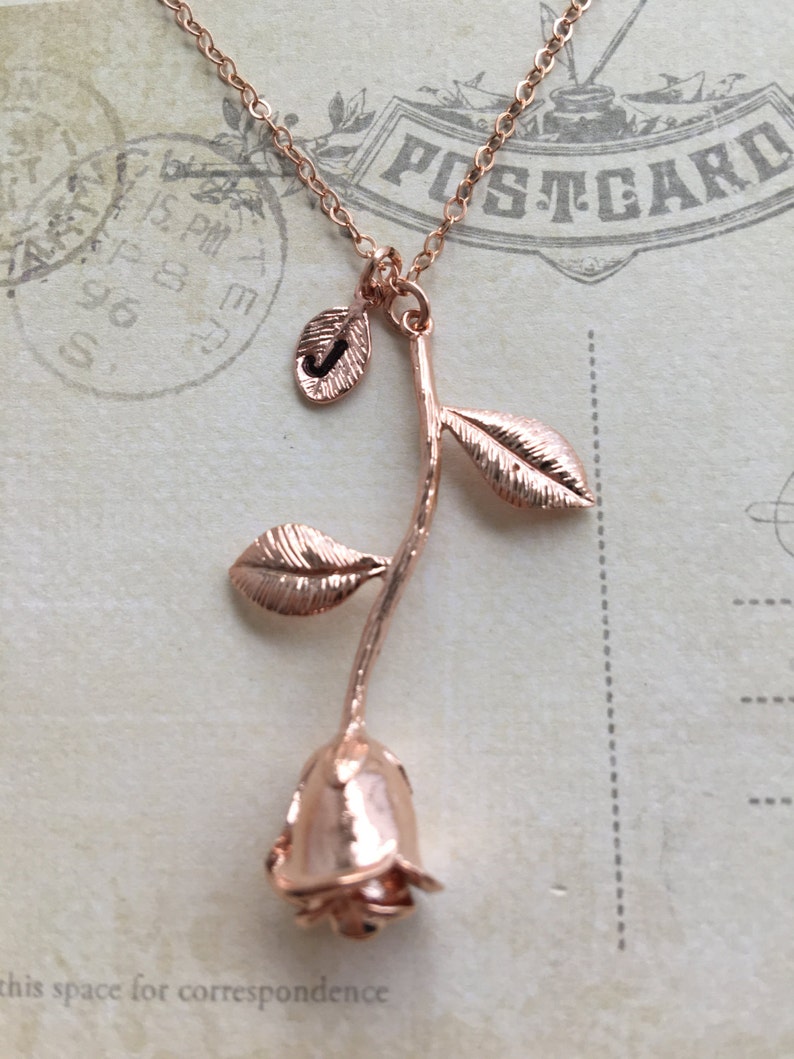 Rose Gold Rose Necklace, Rose Pendant Necklace, Beauty and the Beast Anniversary Gift, Personalized gift, Initial Necklace image 2