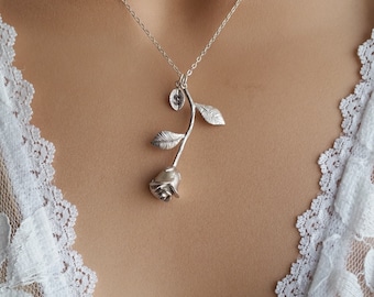 Original Beauty and the Beast Silver Rose Necklace, Silver Rose Pendant, Silver Anniversary Gift, Bridesmaid Gift, Maid of Honor Necklace
