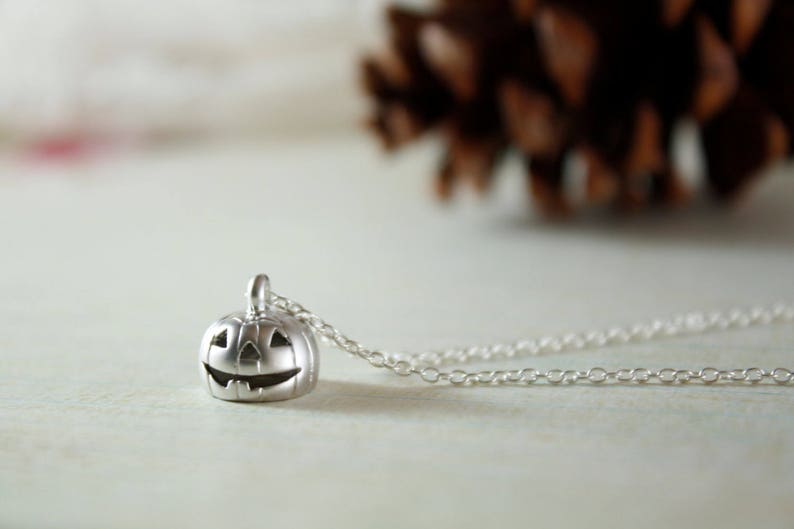 May include: A silver necklace with a small, detailed pumpkin charm. The chain is delicate and the pumpkin is a cute, spooky Halloween accessory.