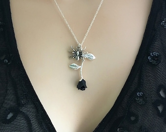 Black Spider Necklace, Black Rose Spider Necklace, Spider Jewelry