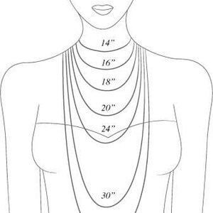 May include: Diagram showing different necklace lengths in inches, from 14 inches to 33 inches, on a drawing of a person's neck and chest.