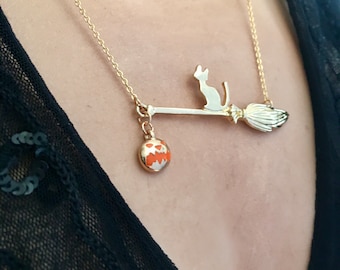 Cat And Orange Pumpkin Necklace - Cat Pendant- Cat Lovers Necklace -Cat Necklace - Cat Jewelry