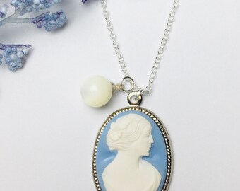 Blue Cameo Necklace, Cameo Necklace, Victorian Necklace, Cameo Pendant, Cameo jewelry, Cameo Pearl Necklace, Cameo Lady, Romantic Gift