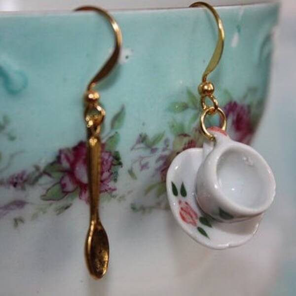 Tea cup Earrings and Golden Spoon, Teacup Earrings, best friend gift