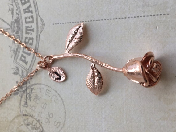 Rose Gold Rose Necklace, Rose Pendant Necklace, Beauty and the Beast Anniversary Gift, Personalized gift, Initial Necklace
