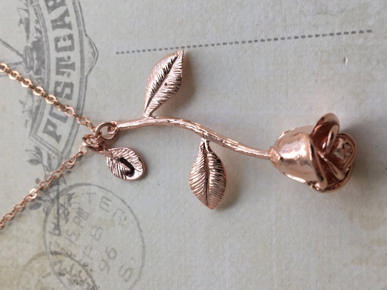 Rose Gold Rose Necklace, Rose Pendant Necklace, Beauty and the Beast Anniversary Gift, Personalized gift, Initial Necklace image 1