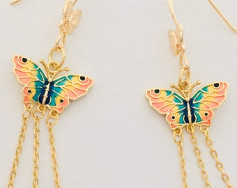 Rainbow Butterfly Earrings, Long Butterfly Earrings, Dangle Chain Drop Earrings, Butterfly Jewelry, Rainbow Gift for Her