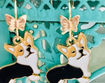 Corgi Dog Earrings, Corgi Dangle Earrings, Dog and Butterfly Earrings, Dog Jewelry, Dog Lover Gift, E107