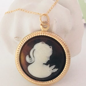 Coffee Cameo Necklace, Gold Filled Cameo Necklace, Victorian Necklace, Cameo Pendant, Cameo jewelry, Cameo Pearl Necklace, Romantic Gift