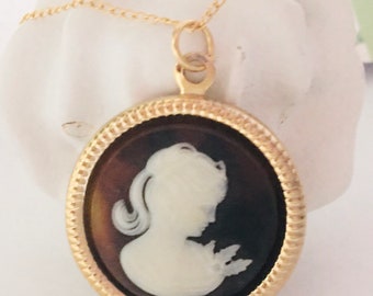 Coffee Cameo Necklace, Gold Filled Cameo Necklace, Victorian Necklace, Cameo Pendant, Cameo jewelry, Cameo Pearl Necklace, Romantic Gift