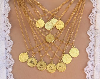 Zodiac Coin Necklace - Dainty Coin Necklace - Gold Zodiac Necklace  - Celestial Birthday Gift for Her