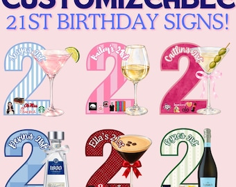 Puede incluir: Carteles personalizables para 21 cumpleaños con el número 21 en varios colores y patrones. Cada cartel muestra un nombre, una referencia al 21 cumpleaños e ilustraciones de cócteles, vino, tequila o champán junto a iconos gráficos.
