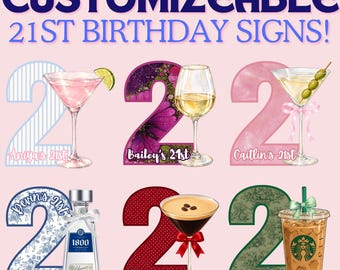 Puede incluir: Carteles personalizables para el 21 cumpleaños con el número dos en varios patrones y colores, junto a ilustraciones de cócteles, una botella de tequila y café helado. Cada cartel incluye un nombre y el texto 21st.