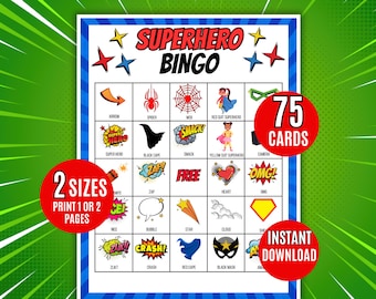 Superhero Bingo, 75 Superhero Bingo Cards, Superhero Birthday Game, Superhero Activity, Kid's Printable Bingo Game, Bingo Game for Kids