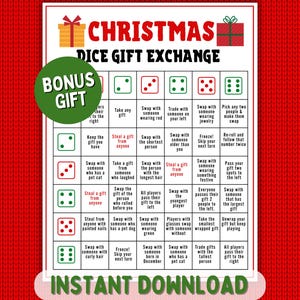 May include: A Christmas Dice Gift Exchange game board with a red and green theme. The board features dice icons, gift box graphics, and instructions for a gift exchange game. The words "Bonus Gift" are in a green circle.