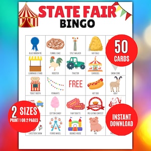 Könnte beinhalten: Eine farbenfrohe State Fair Bingo-Karte mit Illustrationen von Jahrmarkt-bezogenen Gegenständen wie einem Riesenrad, einem Hotdog und einem Traktor. Die Karte enthält den Text "STATE FAIR BINGO" und "50 CARDS".