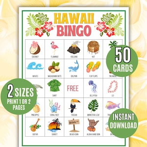 Bingo Havaiano, 50 Cartões de Bingo com Tema Luau para Imprimir, Cartões Infantis com Tema Luau para Imprimir, Atividade de Bingo Tropical, Jogo de Verão, Bingo de Férias