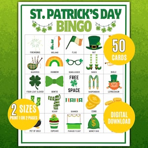 Op de afbeelding: Een St. Patrick's Day Bingo-spelblad met groene en witte tekst en illustraties. Het blad bevat afbeeldingen van een hoed, regenboog en munten. De tekst bevat "St. Patrick's Day Bingo", "50 kaarten", "2 maten" en "Digitale download".