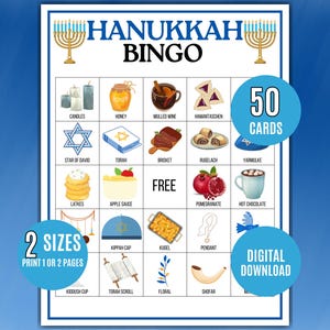 May include: Hanukkah Bingo game card with illustrations of traditional holiday items like candles, Star of David, and latkes. The card includes the text "Hanukkah Bingo" and "50 Cards". It is available in 2 sizes and as a digital download.