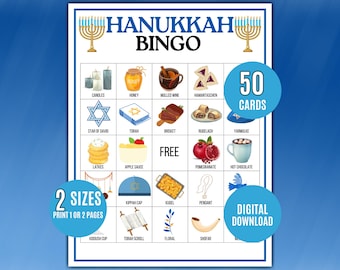 May include: Hanukkah Bingo game card with illustrations of traditional holiday items like candles, Star of David, and latkes. The card includes the text "Hanukkah Bingo" and "50 Cards". It is available in 2 sizes and as a digital download.